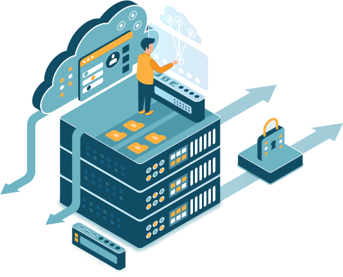 Blue, white, and orange graphic of a server stack with a person standing on top.