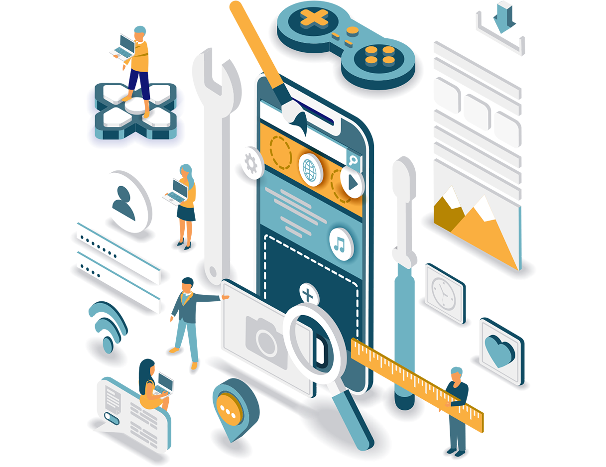 Blue, white, orange, and gray graphic of a smartphone with various tasks depicted on its screen, surrounded by tiny humans doing various computing tasks.