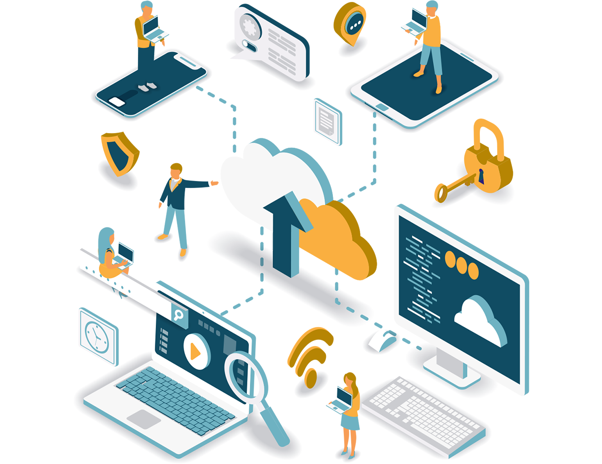 Blue, white, and orange graphic of a a cloud with a desktop computer, a laptop, a smartphone, and a tablet connected to it.