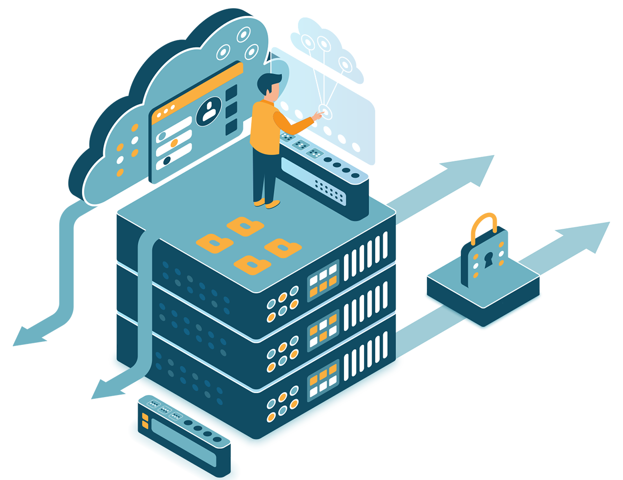 Blue, white, and orange graphic depicting a server stack with a person standing on top completing computing tasks.