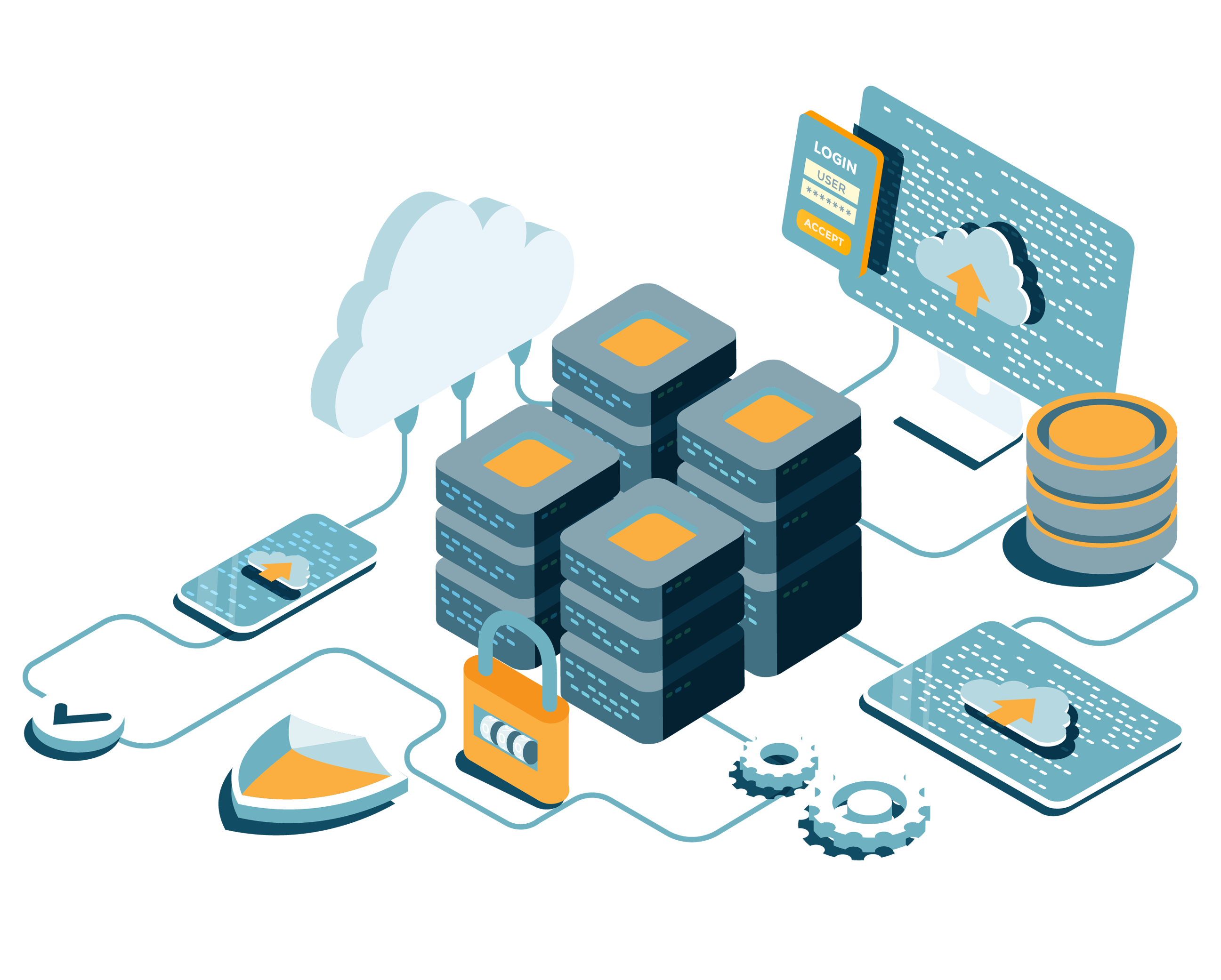 Blue, white, and orange graphic of a stack of servers connected to a cloud, an iMac computer, a smartphone, and various other peripherals.