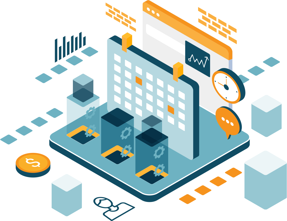 Blue, white, and orange graphic representing various computing tasks.