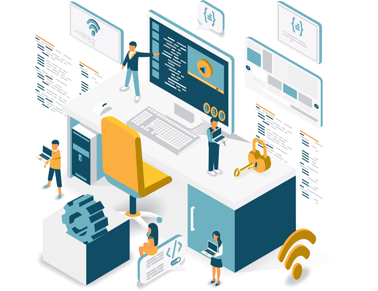 Blue, white, and orange graphic depicting a large desk with a computer and various graphics indicating connectivity, translation, coding, security, data, streaming, and other computing tasks.