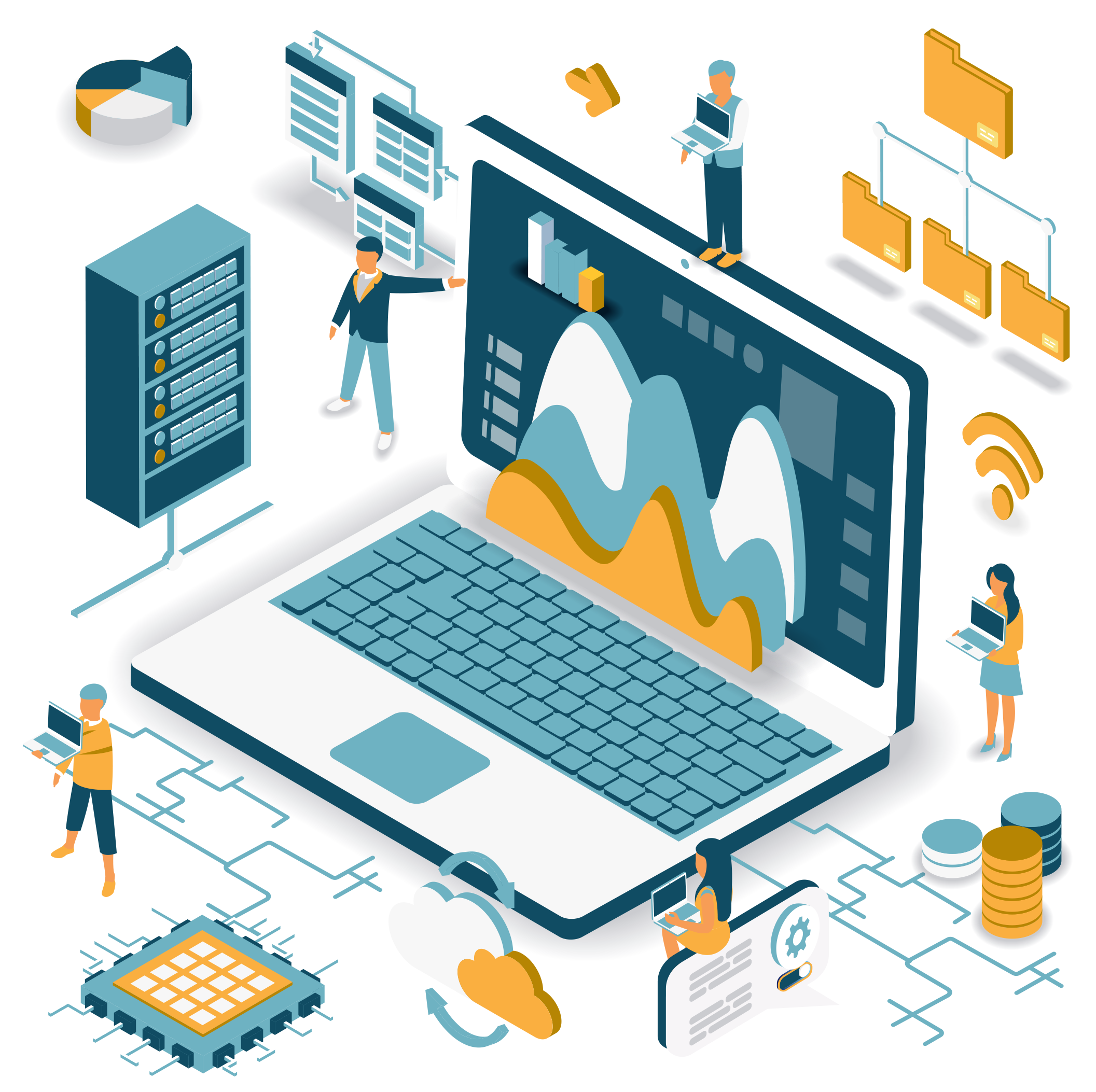 Blue, white, orange, and gray graphic of a laptop computer surrounded by tiny people doing various computing tasks.