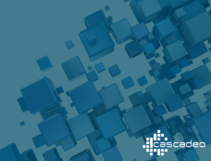 Image of many blue cubes on a blue background representing components of a composable system, with the Cascadeo logo in the lower right corner.