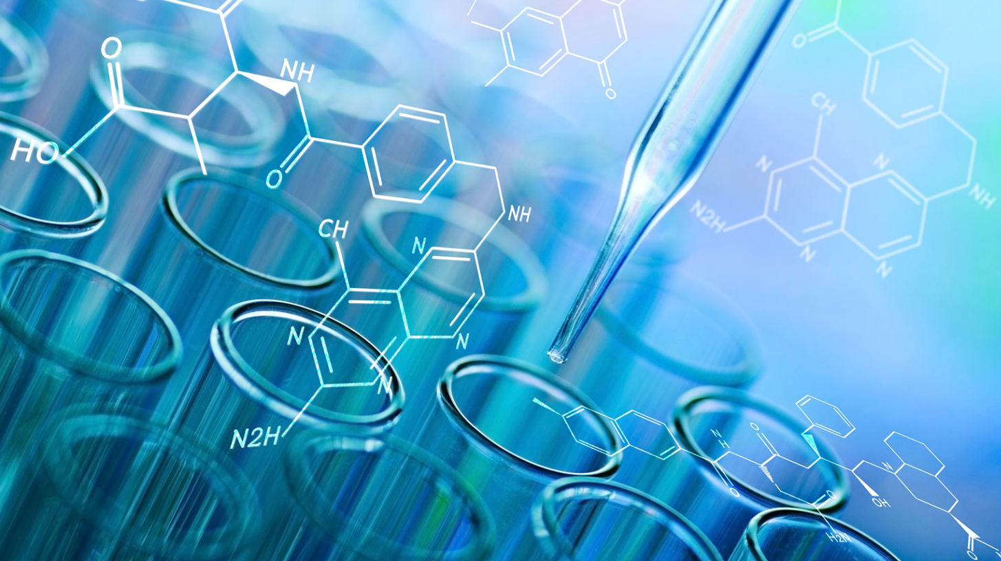 Decorative image of test tubes and a titration burette overlaid with molecule symbols.