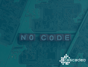 Decorative image of a green circuit board with "no code" spelled out in red button-like letters and a blue overlay with the Cascadeo logo.