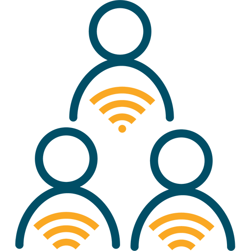 Line art graphic of three humans with wifi connection symbols on their chests.