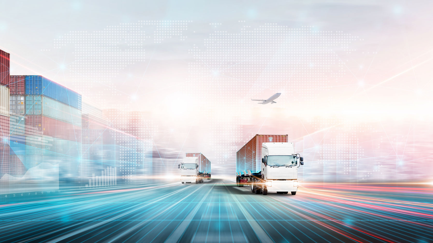 Image of a semi-truck on a highway with shipping containers and a freight plane nearby.