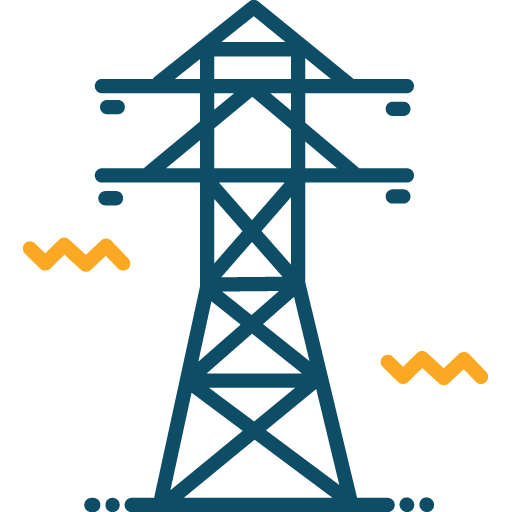 Line art graphic of a power line tower.