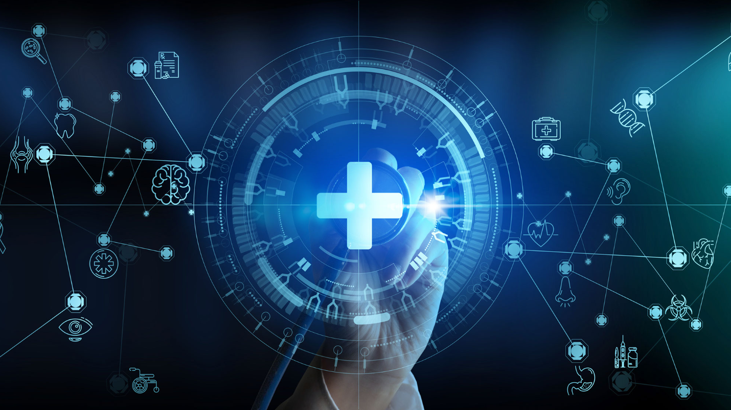 Photo of a hand with a stethoscope overlaid with graphics related to virtual healthcare.