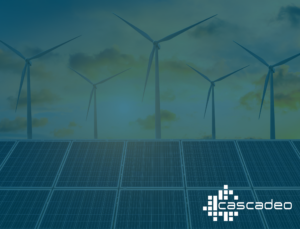 Decorative image of windmills and solar panels behind a blue overlay with the Cascadeo logo on the lower right corner in white.