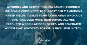 Text on blue background: Attorney and activist Reshma Saujani founded Girls Who Code in 2012 to support girls' ambitions in STEM fields. Twelve years later, Girls Who Code has produced more than 300,000 alumni, produced a popular book series, and generated widespread advocacy for girls' inclusion in tech.