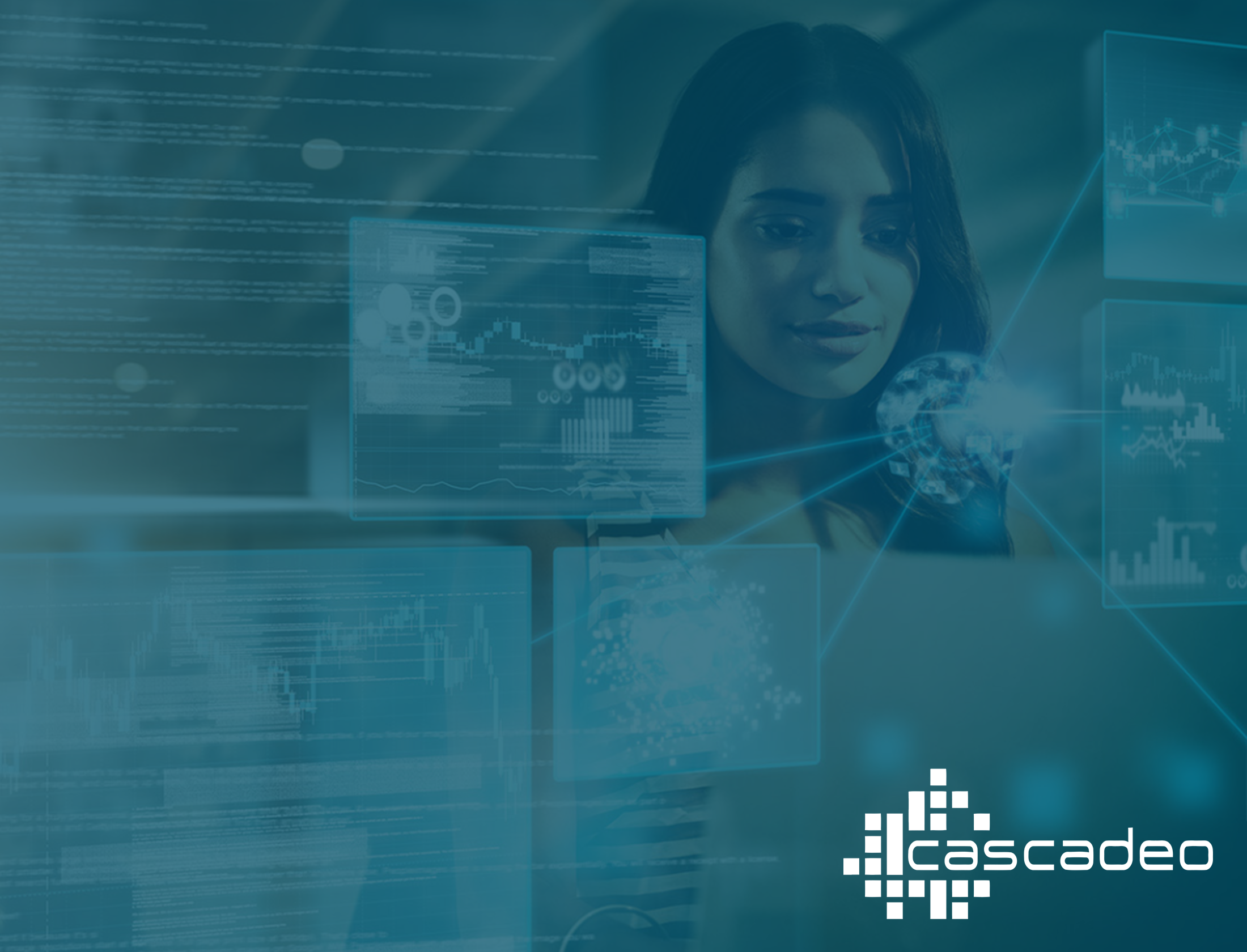 Decorative image of a woman cloud engineer working behind a blue overlay with the Cascadeo logo in white in the lower right corner.