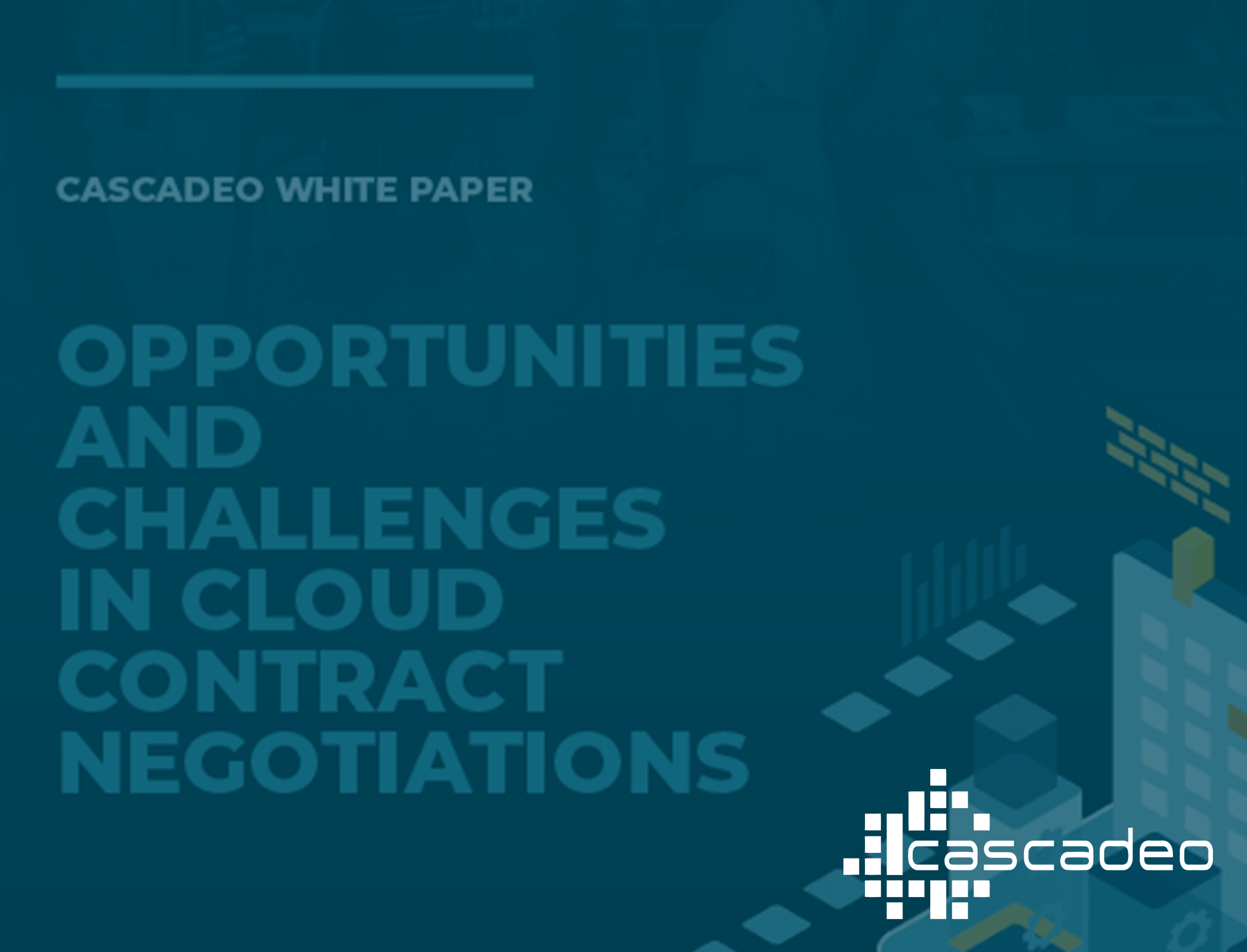 Text on blue background with an icon of a server configuration on the right: Cascadeo White Paper: Opportunities and Challenges in Cloud Contract Negotiations with the Cascadeo logo in white in the lower right corner.
