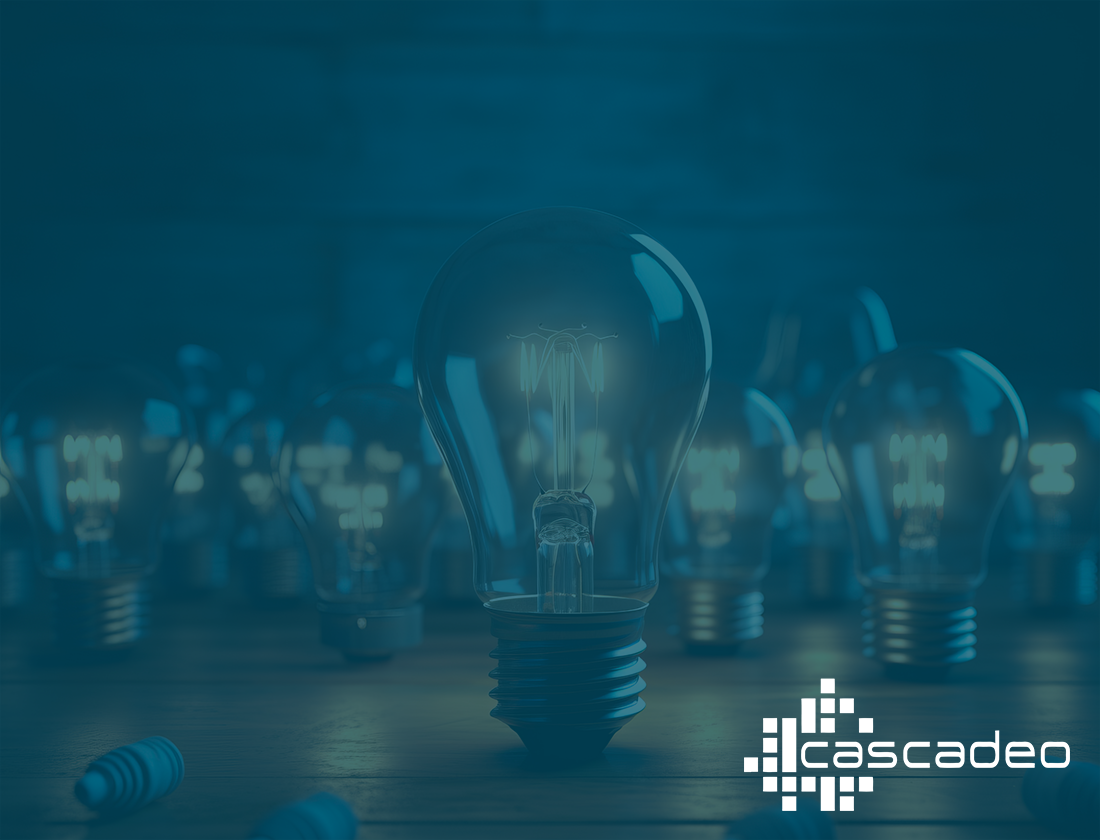 Decorative photo of several light bulbs behind a blue overlay with the Cascadeo logo in white.