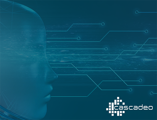 Decorative image of an robot face with networks emerging forward from its features behind a blue overlay with the Cascadeo logo in white.