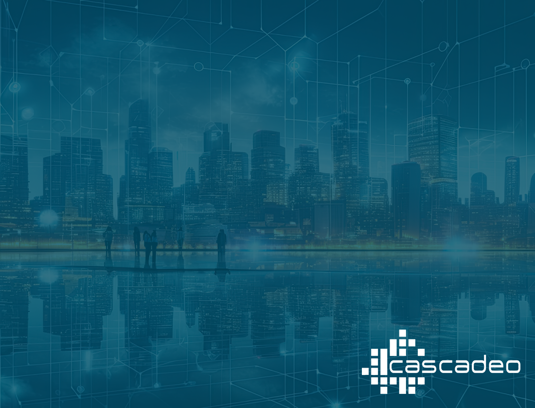 Decorative image of a connected city behind a blue overlay with the Cascadeo logo in white.