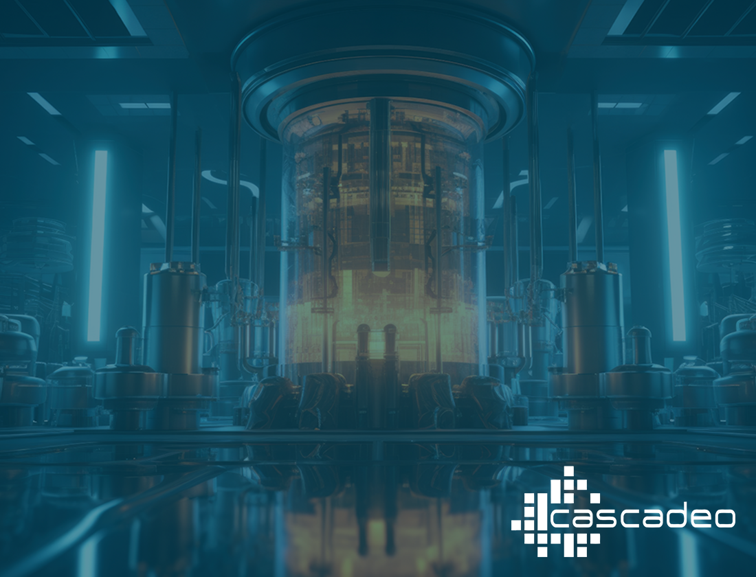 Decorative image representing a safe nuclear reactor monitored by AI-augmented systems with the Cascadeo logo in white.
