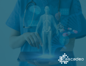 Decorative image of a doctor in scrubs interacting with an AI generated model of a human body, with a blue overlay and the Cascadeo logo in white.