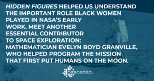 Text on blue background: Hidden Figures helped us understand the important role Black women played in NASA's early work. Meet another essential contributor to space exploration: Mathematician Evelyn Boyd Granville, who helped program the mission that first put humans on the moon. 